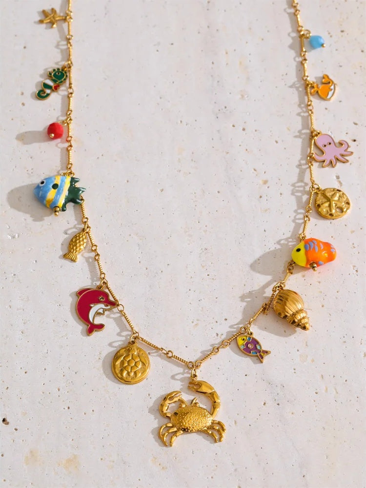 Enamel ceramic fish conch crab necklace bracelet set - product image