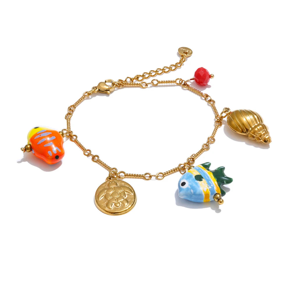 Enamel ceramic fish conch crab necklace bracelet set - product image