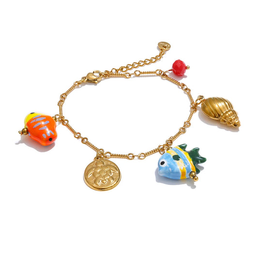 Enamel ceramic fish conch crab necklace bracelet set - product image
