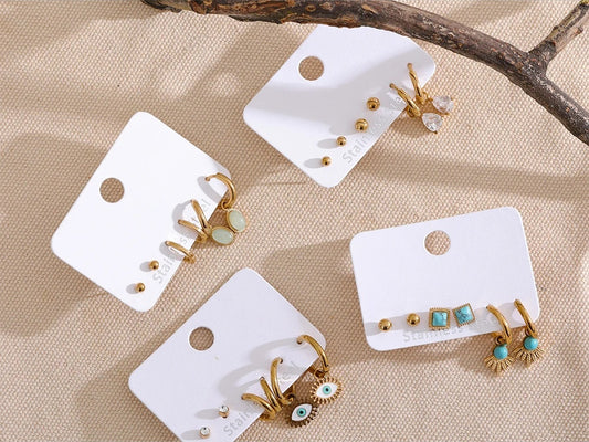 Enamel eye round stud hoop earrings set - product image