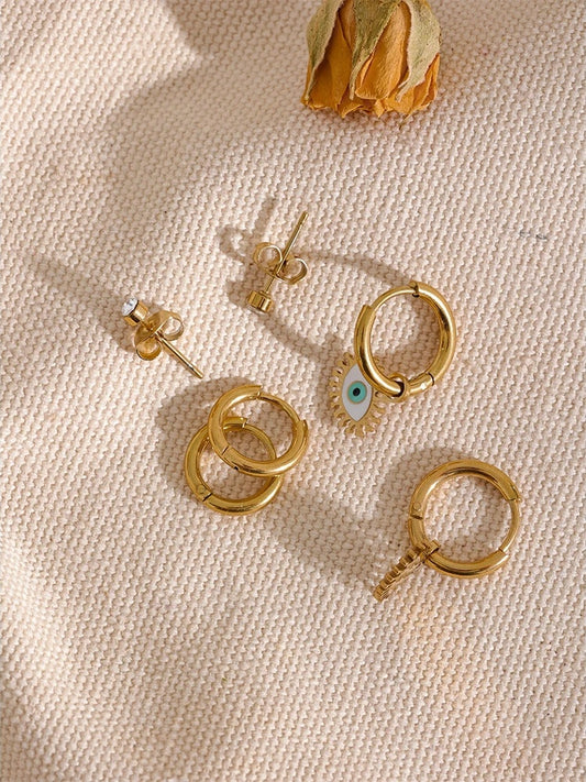 Enamel eye round stud hoop earrings set - product image