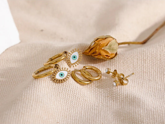 Enamel eye round stud hoop earrings set - product image