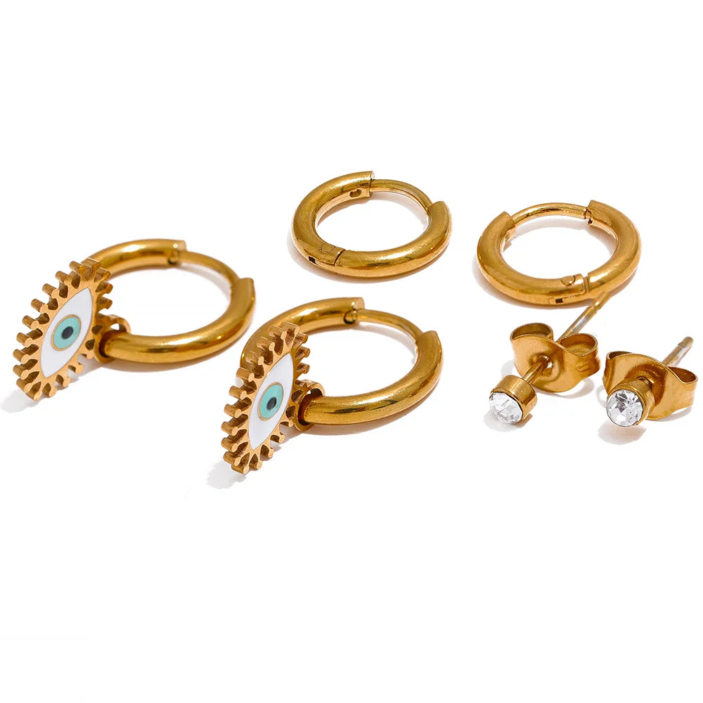 Enamel eye round stud hoop earrings set - product image