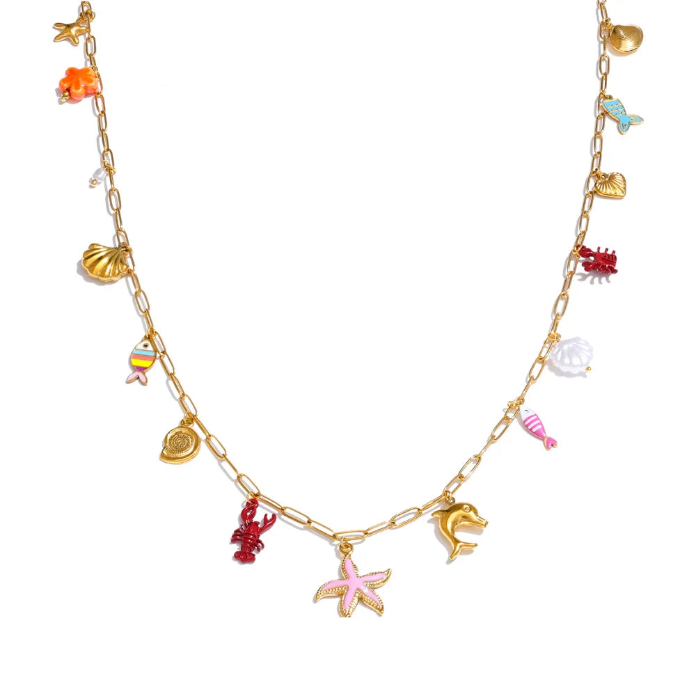 Enamel fish crayfish conch starfish pendant necklace - product image
