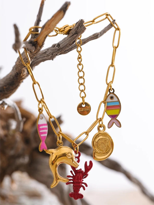 Enamel fish shell lobster charm bracelet - product image