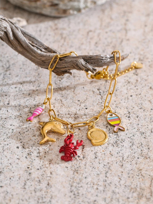 Enamel fish shell lobster charm bracelet - product image