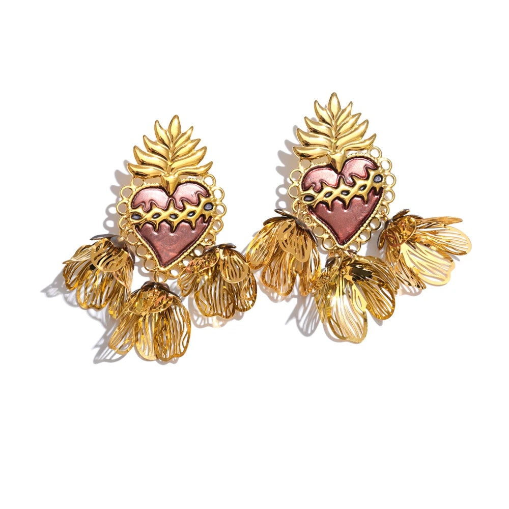 Enamel heart flower petal drop earrings - product image