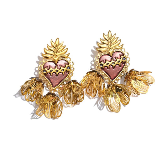 Enamel heart flower petal drop earrings - product image