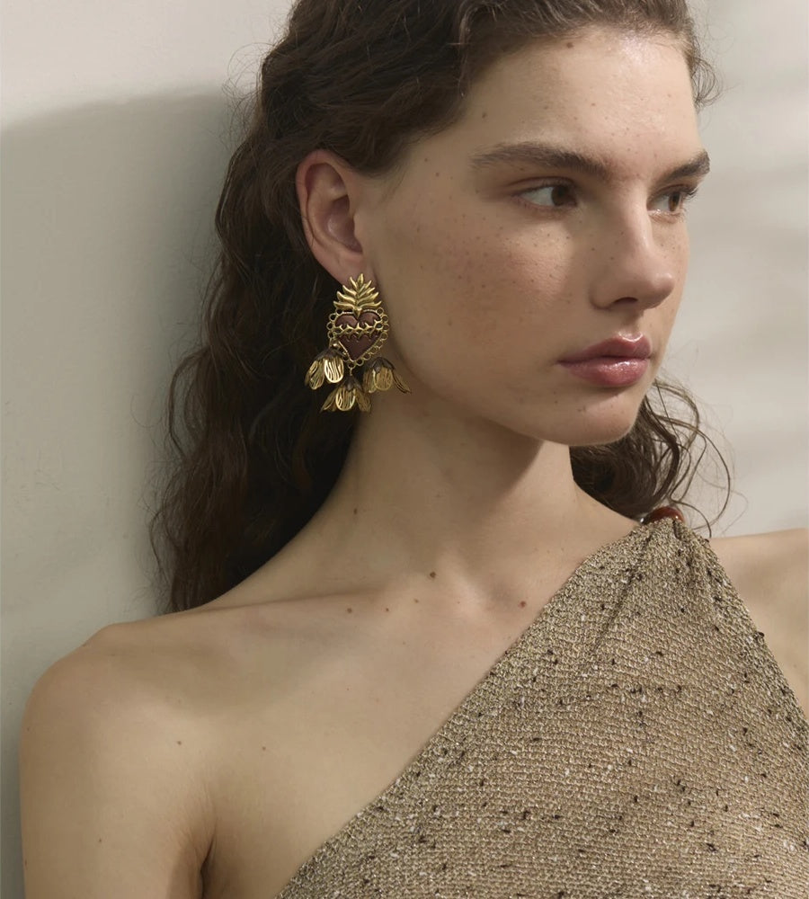 Enamel heart flower petal drop earrings - product image
