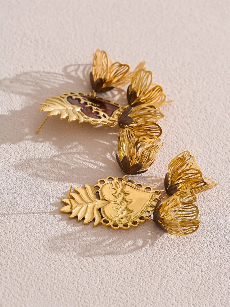 Enamel heart flower petal drop earrings - product image