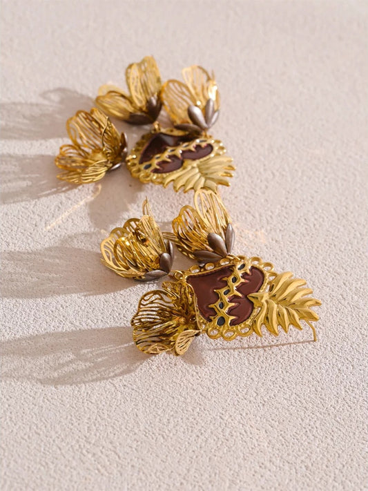 Enamel heart flower petal drop earrings - product image