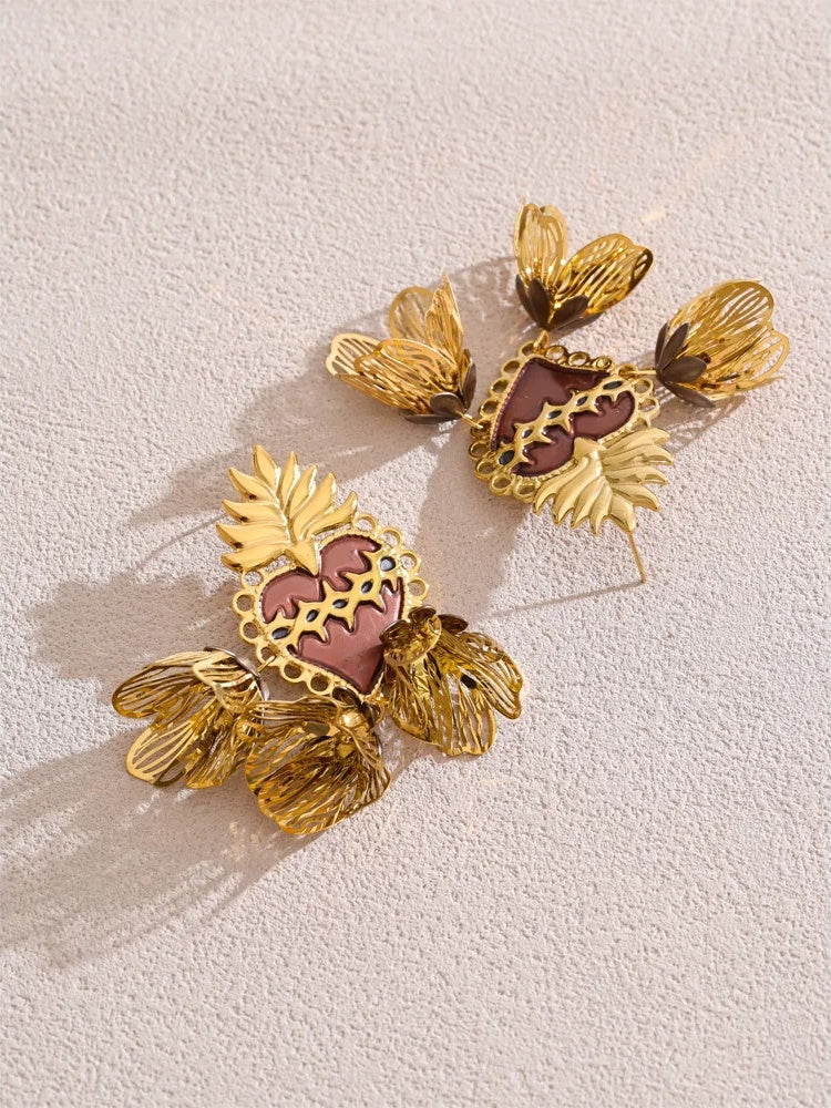 Enamel heart flower petal drop earrings - product image