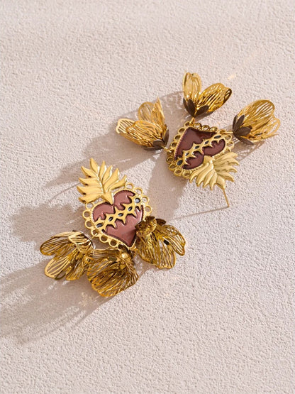 Enamel heart flower petal drop earrings - product image