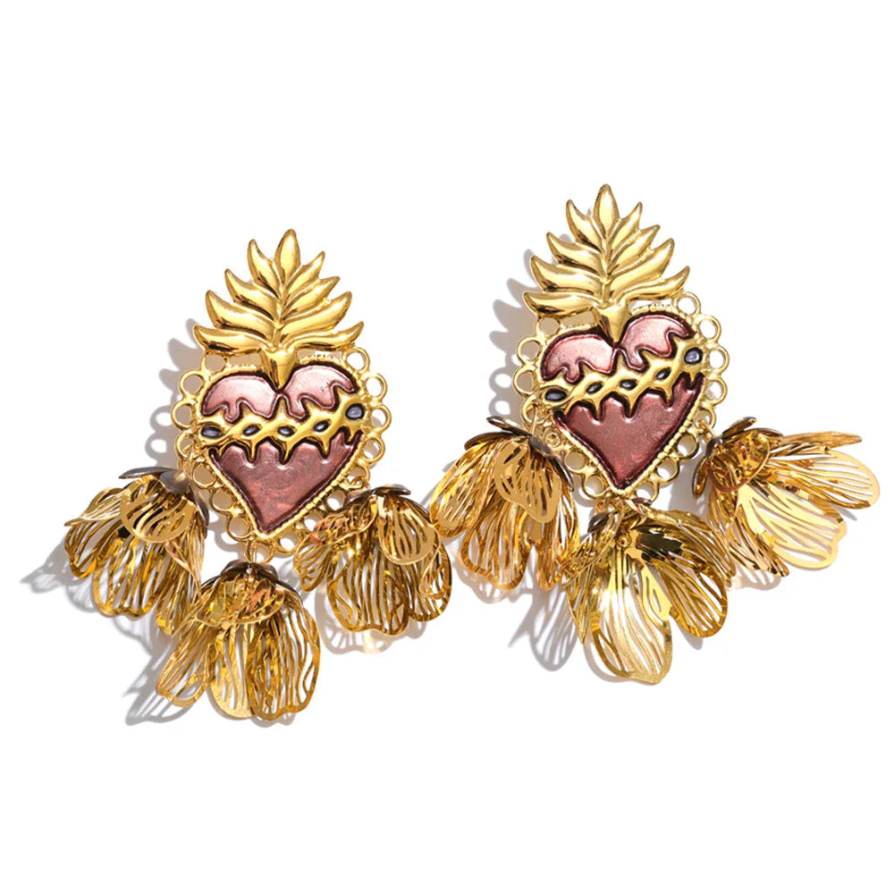Enamel heart flower petal drop earrings - product image