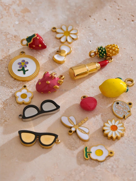 Enamel lemon strawberry heart flower charms - product image
