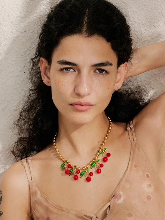 Enamel sweet cherry drop minimalist pendant necklace - product image