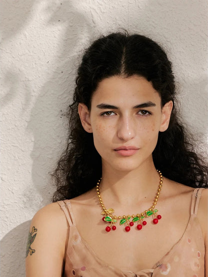 Enamel sweet cherry drop minimalist pendant necklace - product image