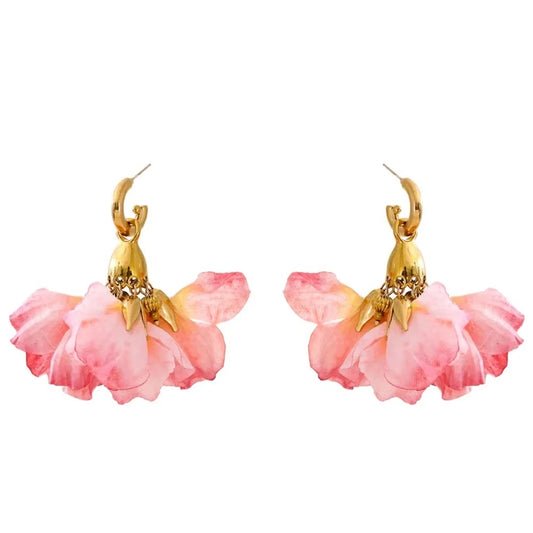 Fairy romantic pink cloth flower drop earrings - product image