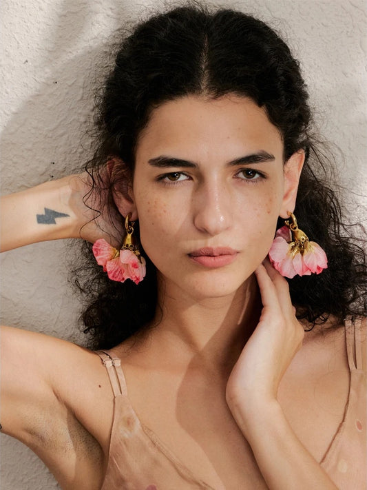 Fairy romantic pink cloth flower drop earrings - product image