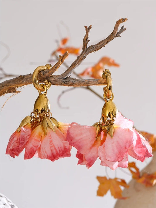 Fairy romantic pink cloth flower drop earrings - product image