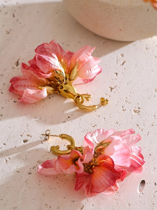Fairy romantic pink cloth flower drop earrings - product image