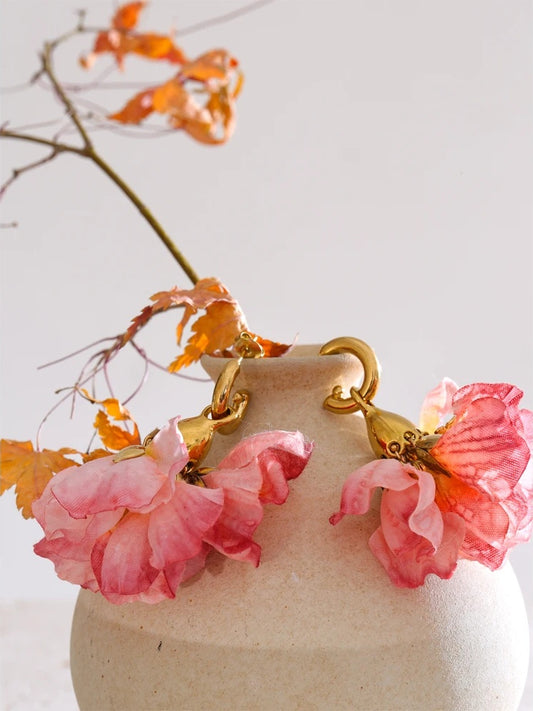 Fairy romantic pink cloth flower drop earrings - product image