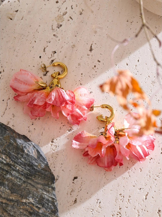 Fairy romantic pink cloth flower drop earrings - product image