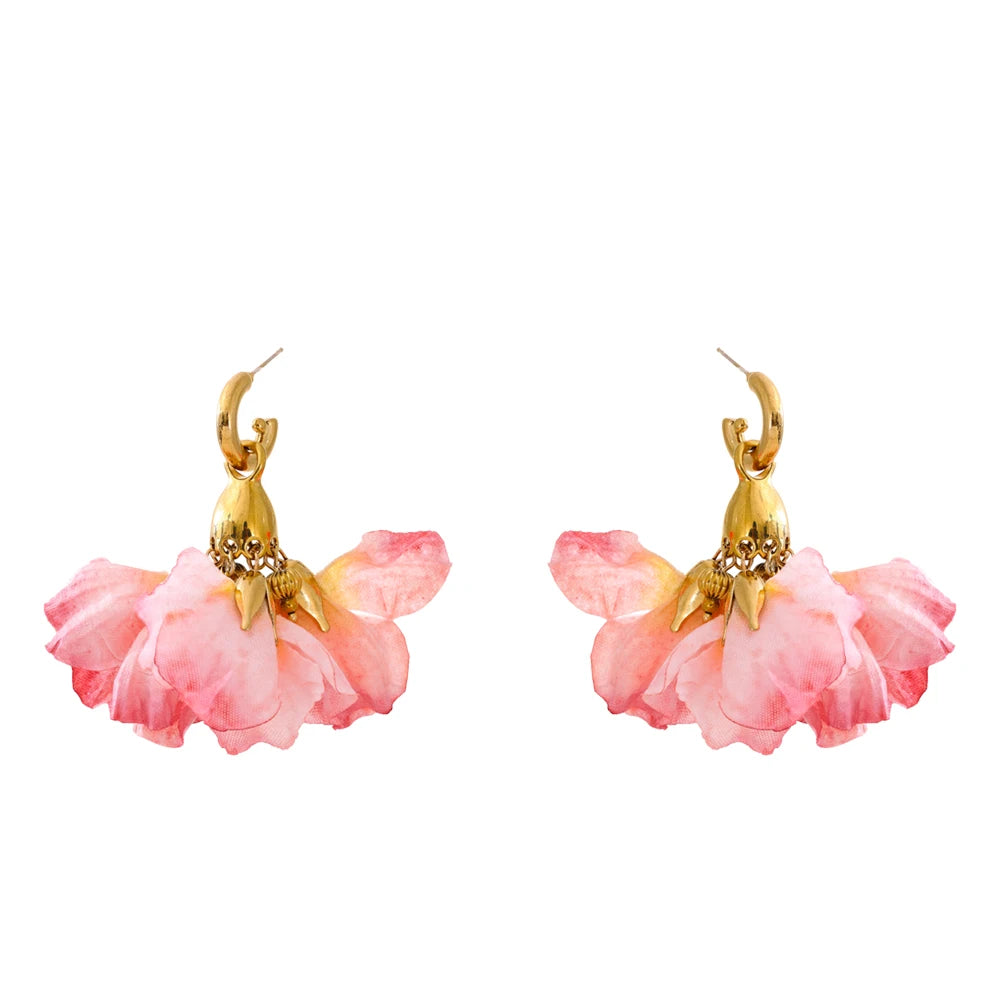 Fairy romantic pink cloth flower drop earrings - product image