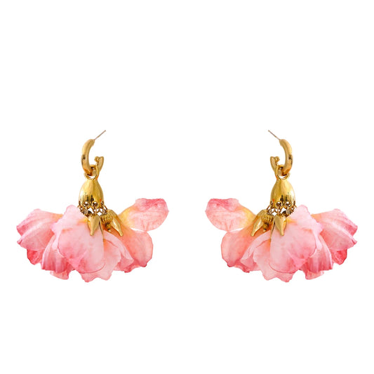Fairy romantic pink cloth flower drop earrings - product image