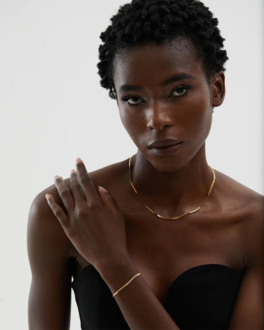Flat snake chain necklace bracelet jewelry set - product image