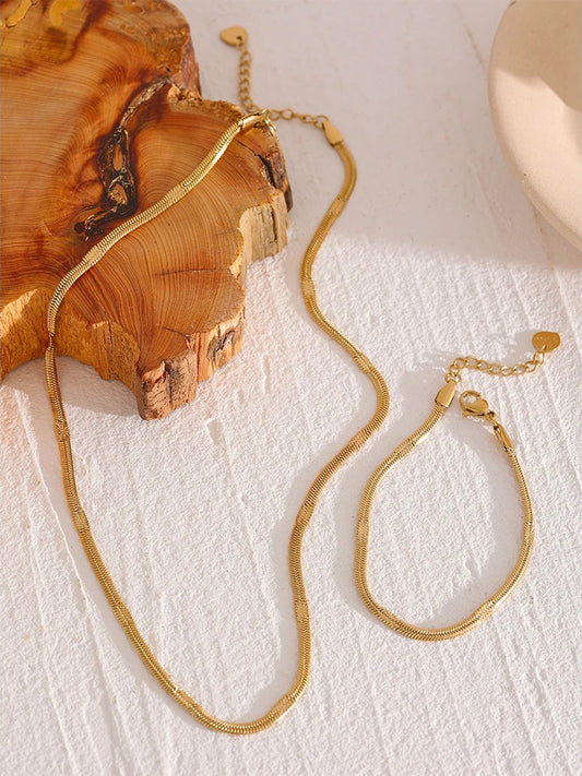 Flat snake chain necklace bracelet jewelry set - product image