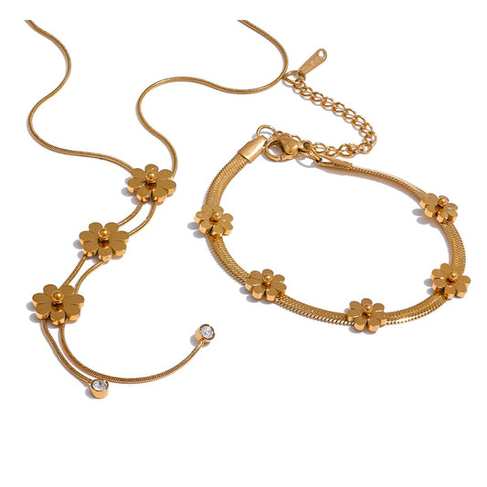 Flower chain necklace bracelet set gold color - product image