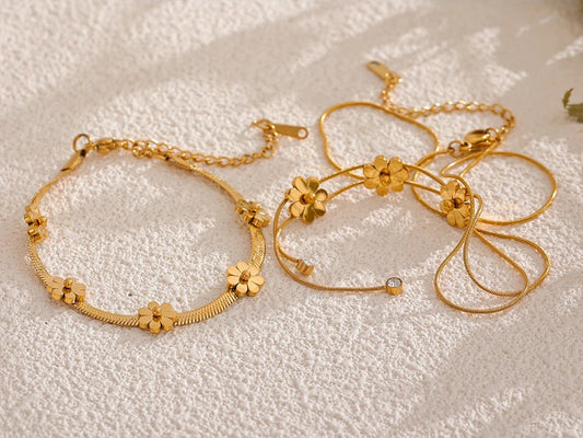 Flower chain necklace bracelet set gold color - product image