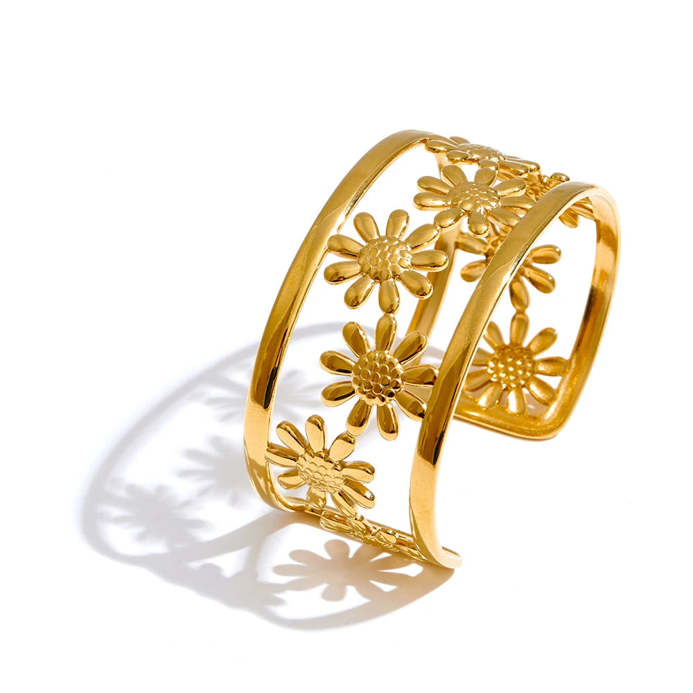 Flower hollow wide cuff charm bracelet - product image