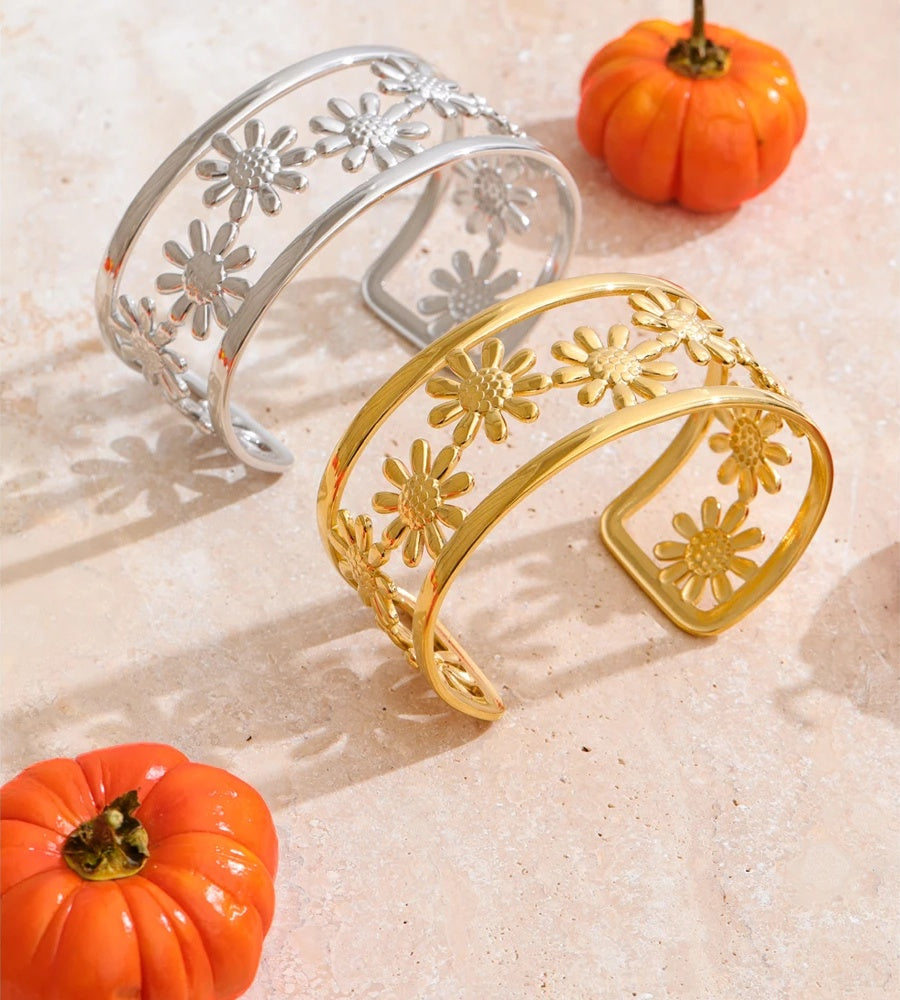 Flower hollow wide cuff charm bracelet - product image