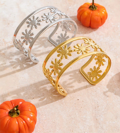 Flower hollow wide cuff charm bracelet - product image