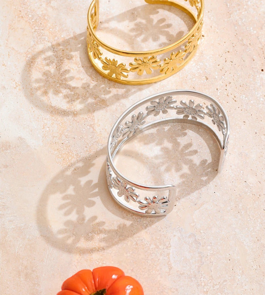 Flower hollow wide cuff charm bracelet - product image