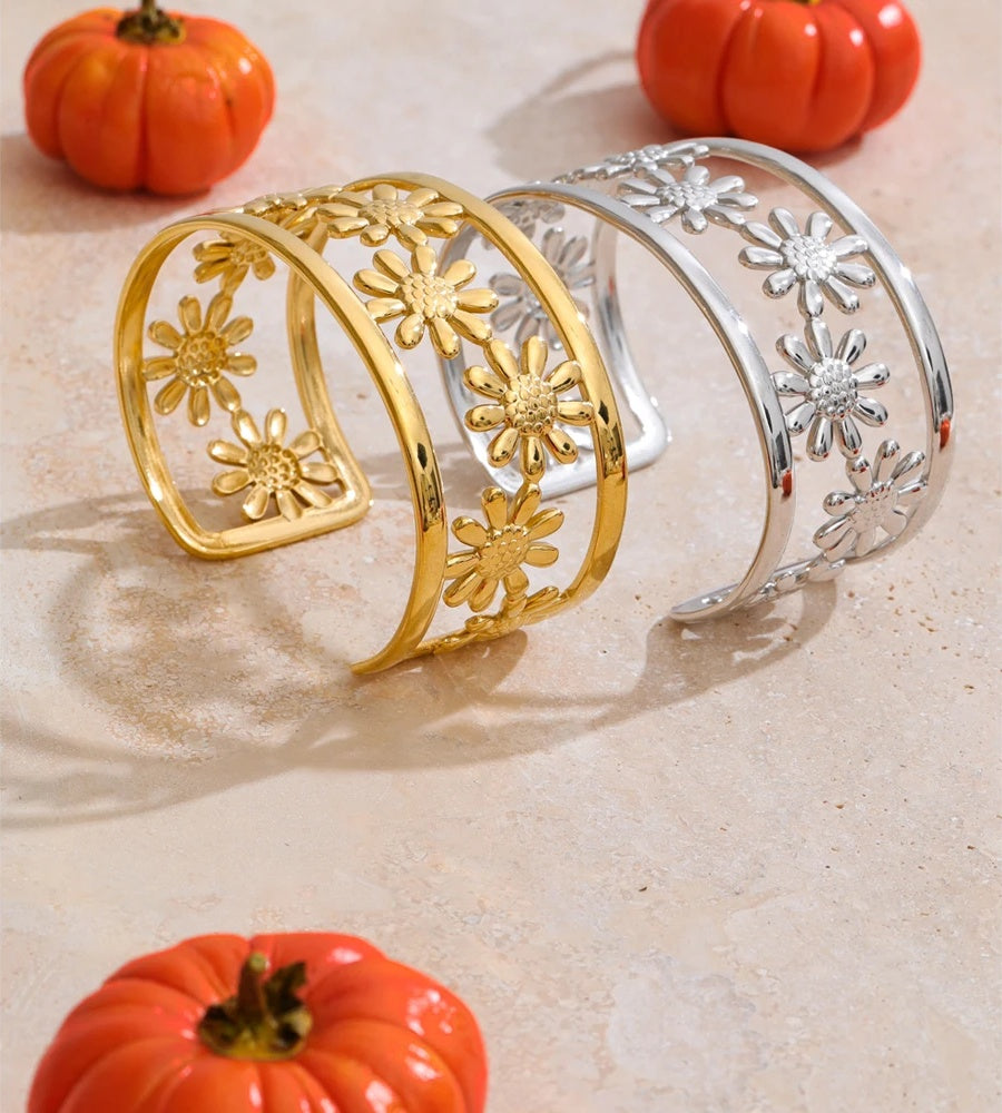 Flower hollow wide cuff charm bracelet - product image