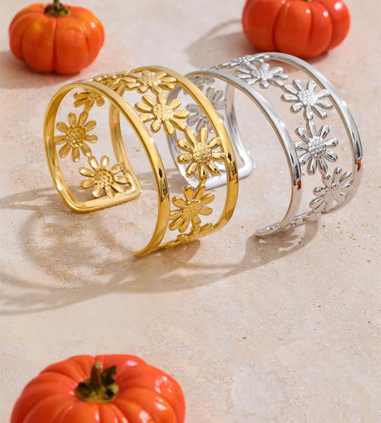 Flower hollow wide cuff charm bracelet - product image