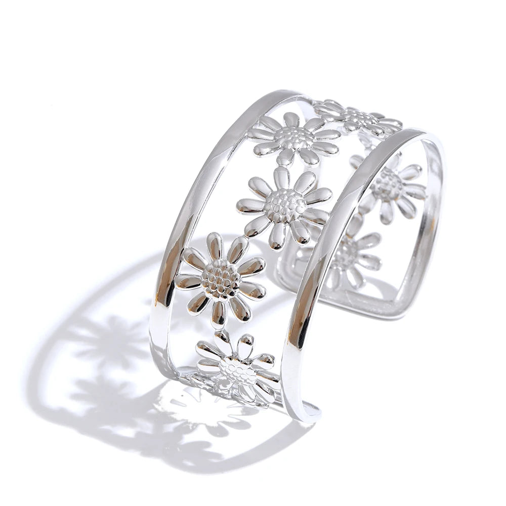 Flower hollow wide cuff charm bracelet - product image