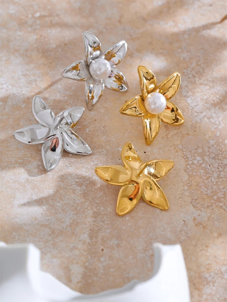 Flower imitation pearl stud earrings - product image