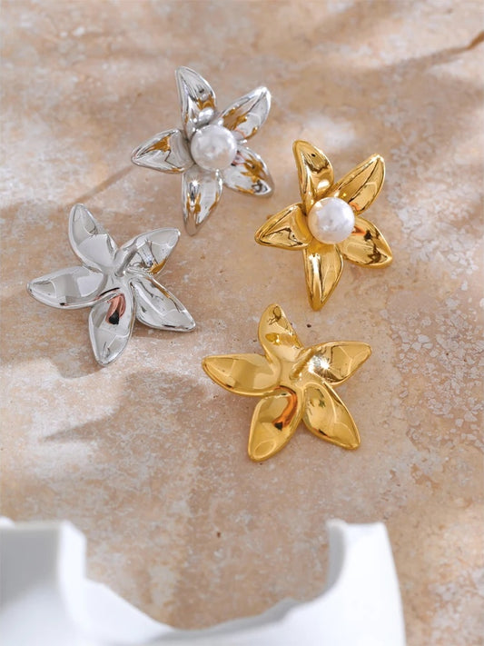 Flower imitation pearl stud earrings - product image