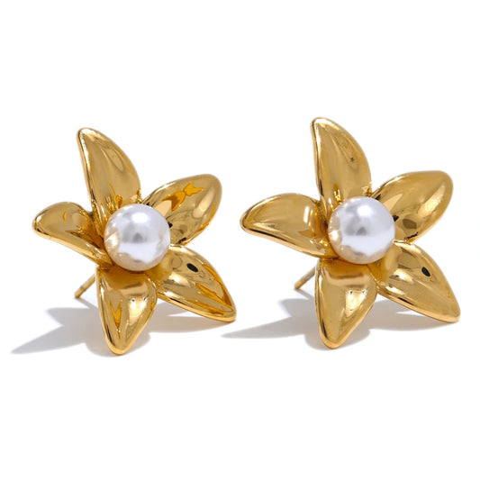 Flower imitation pearl stud earrings - product image