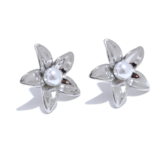 Flower imitation pearl stud earrings - product image