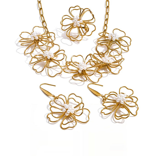 Flower necklace earrings ring jewelry set - product image