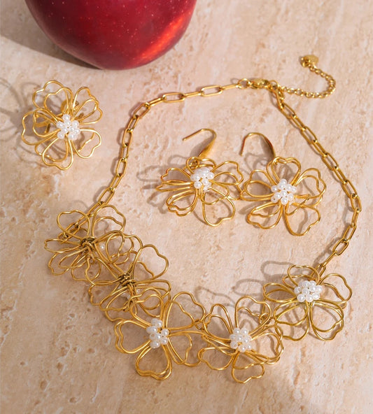 Flower necklace earrings ring jewelry set - product image