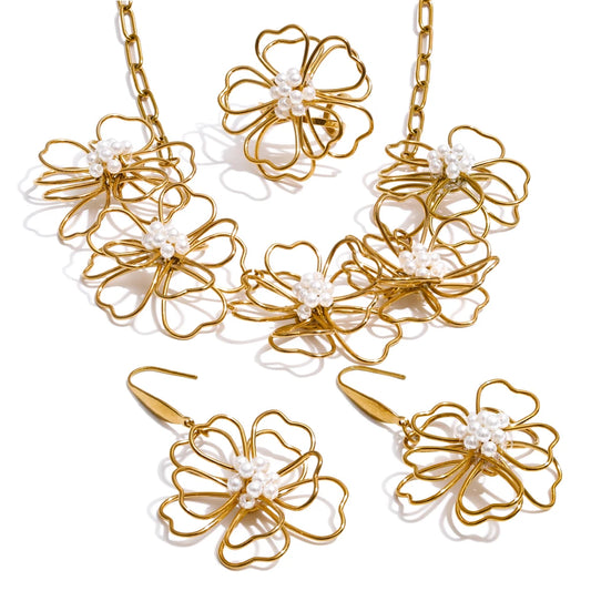 Flower necklace earrings ring jewelry set - product image