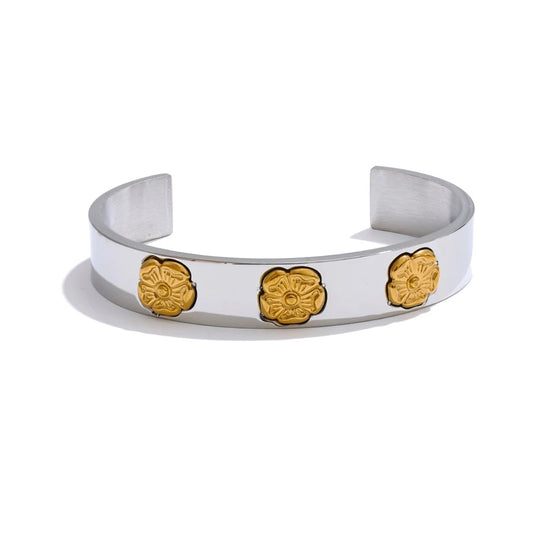 Flower pattern open cuff statement bracelet - product image
