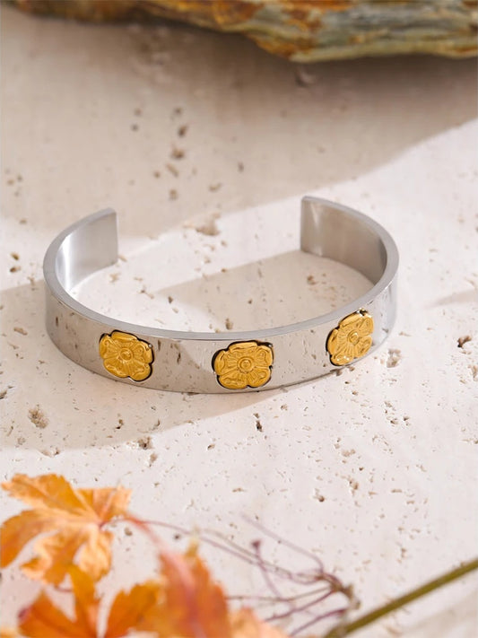 Flower pattern open cuff statement bracelet - product image