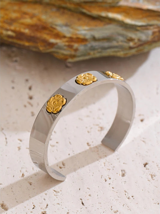 Flower pattern open cuff statement bracelet - product image